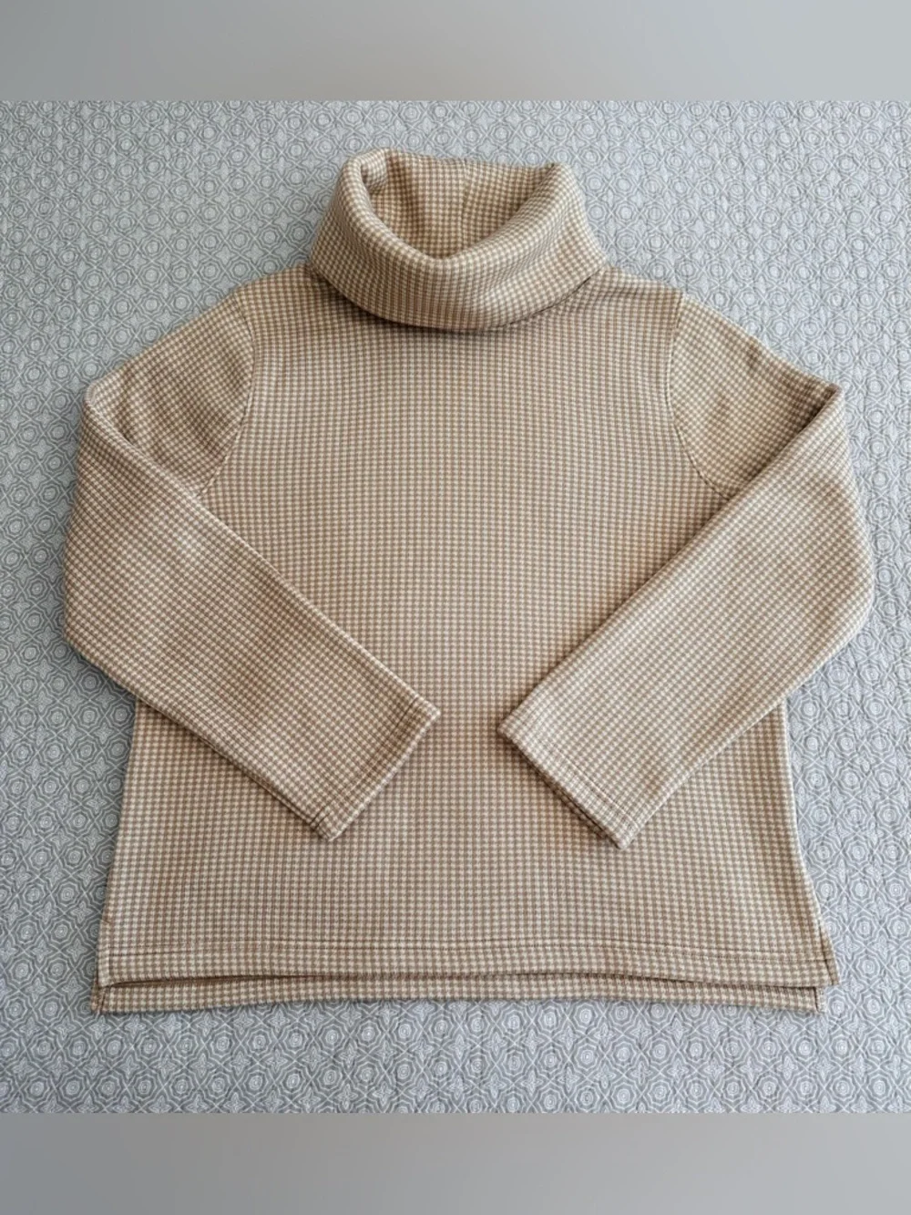 J. CREW Houndstooth Funnel Neck Sweater Camel Cream Pullover Cozy Size XXL